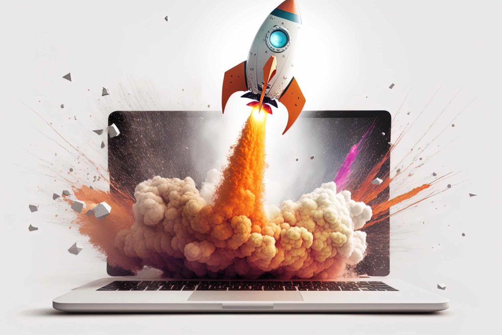 Rocket coming out of laptop screen, white background. AI digital illustration concept of ideas and start up. Generative AI Fusée qui sort du clavier d'un ordinateur portable