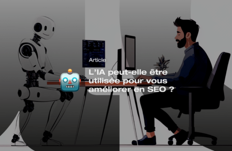 Illustration d'un homme et d'un robot qui travaillent sur ordinateur en face à face