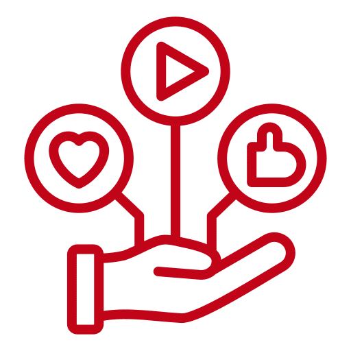 picto-community-management Pictogramme réseaux sociaux en rouge avec bouton like, lecture de vidéo