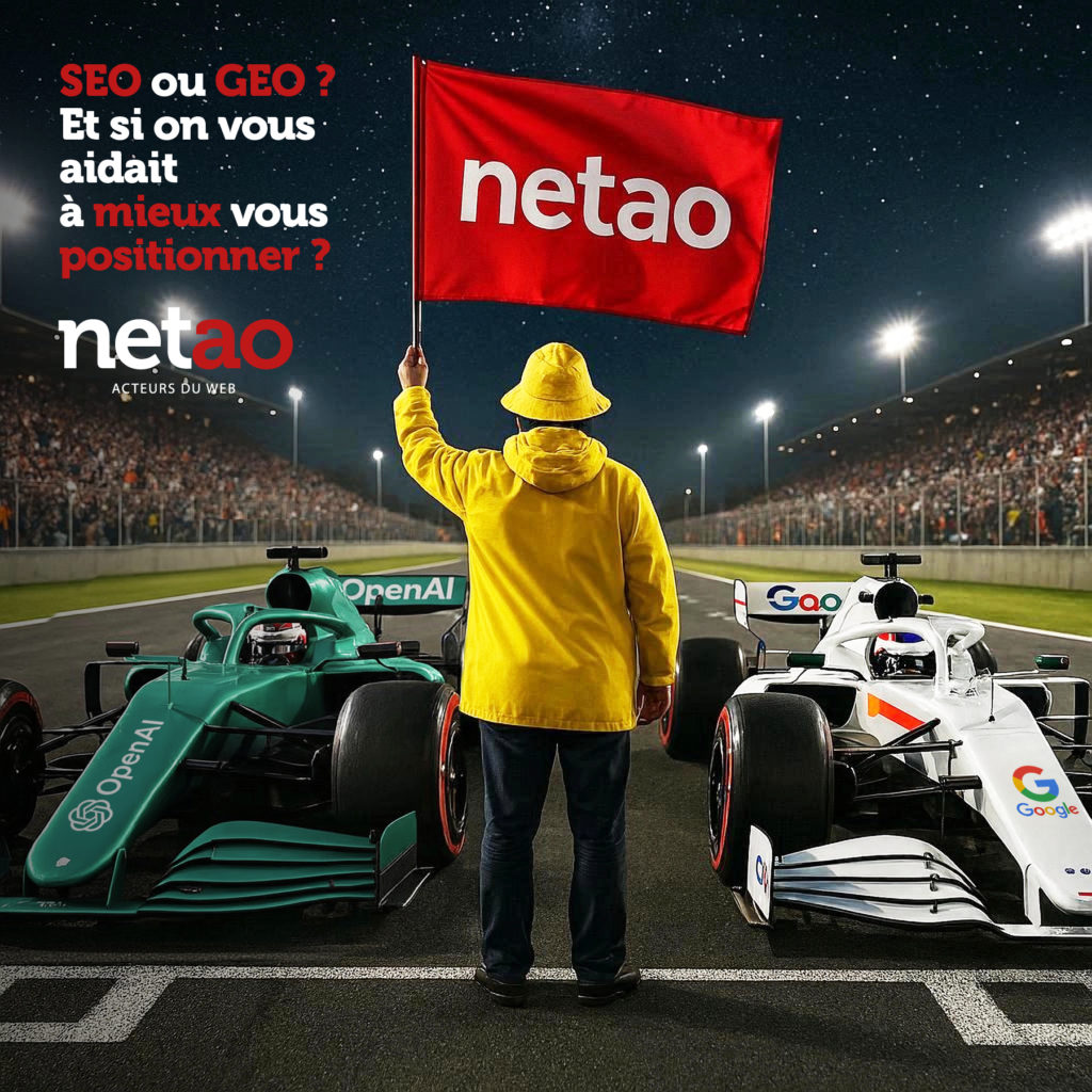 Ligne de départ Google et Open AI avec personne jaune doté d'un drapeau netao