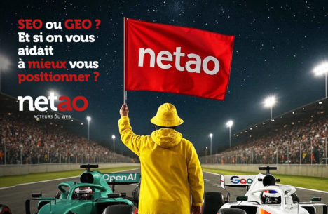 Ligne de départ Google et Open AI avec personne jaune doté d'un drapeau netao